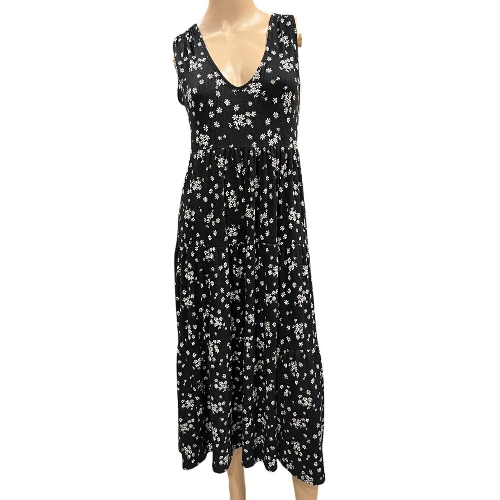 Jessica Simpson Black Ribbed Daisy Floral Print Midi Dress Sz M